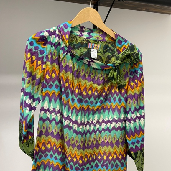 Gorgeous DEMA (San Francisco) Cotton/Silk, ¾ Sleeve, Jewel Print Top – Size L - Picture 5 of 10
